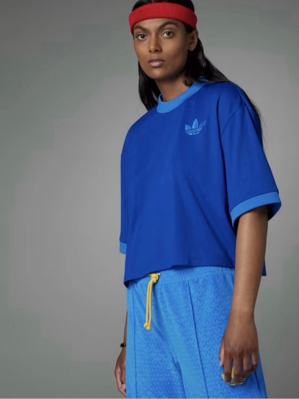 adidas Originals Royal Blue Cropped Trefoil Tee with Light Blue Trim